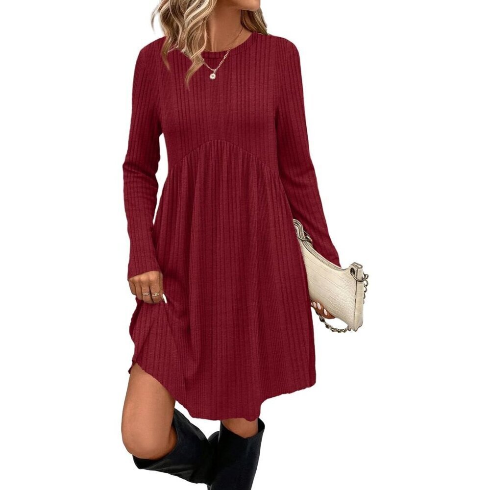 Ofeefan Women Red Crew Neck Long Sleeve Empire Waist Dress with Pockets